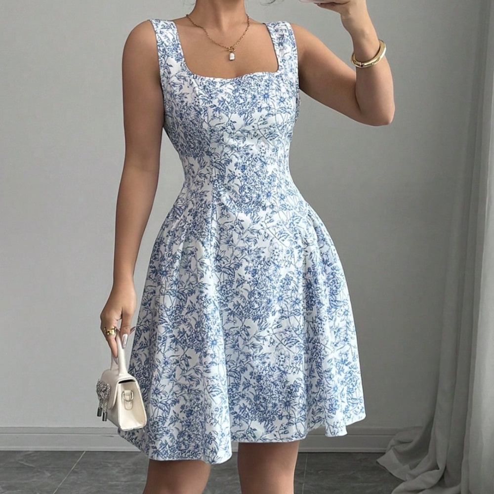 Boho Floral Print Backless Back Tie Sleeveless Flared Hem Dress - Picture 8 of 8